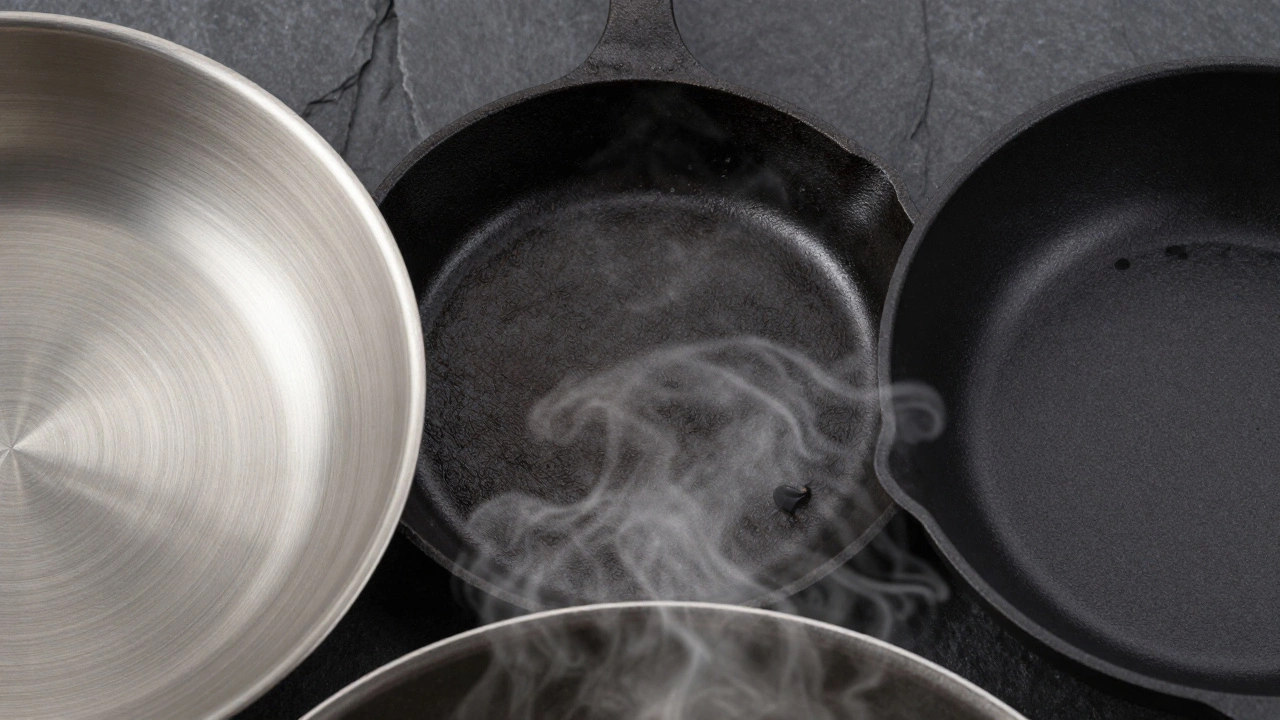 Close-up comparison of stainless steel, cast iron, and non-stick cookware textures