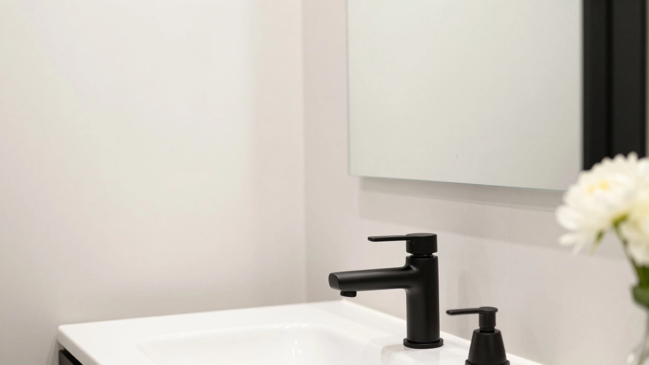 Crisp off-white bathroom with matte black fixtures