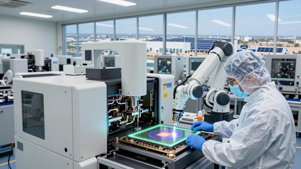 Engineers in cleanrooms working on advanced semiconductor chips