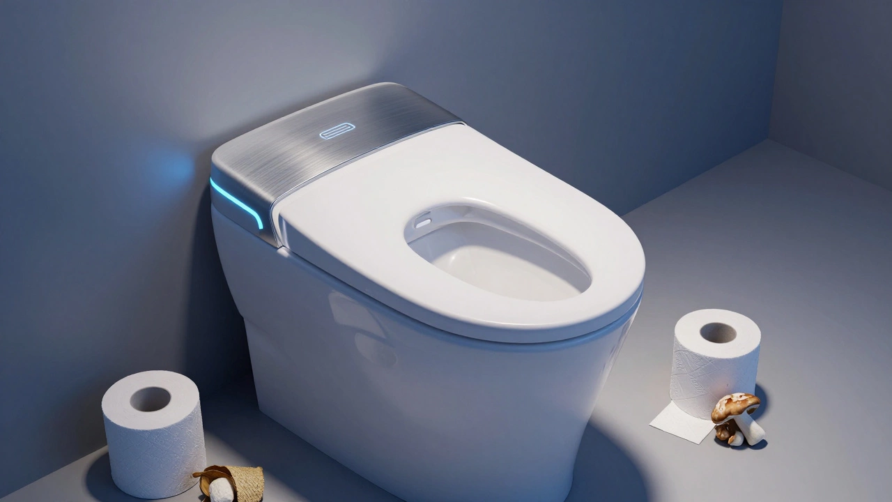 Futuristic smart toilet with bidet alongside traditional and eco-friendly paper