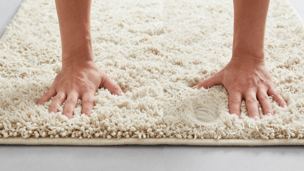 Hand pressing into resilient wool rug vs indented synthetic