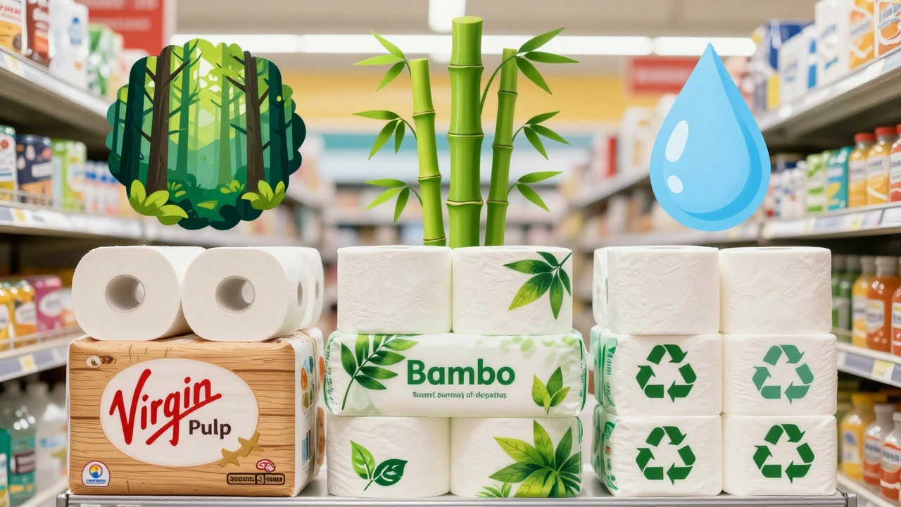 Illustration comparing virgin pulp, bamboo, and recycled toilet paper types