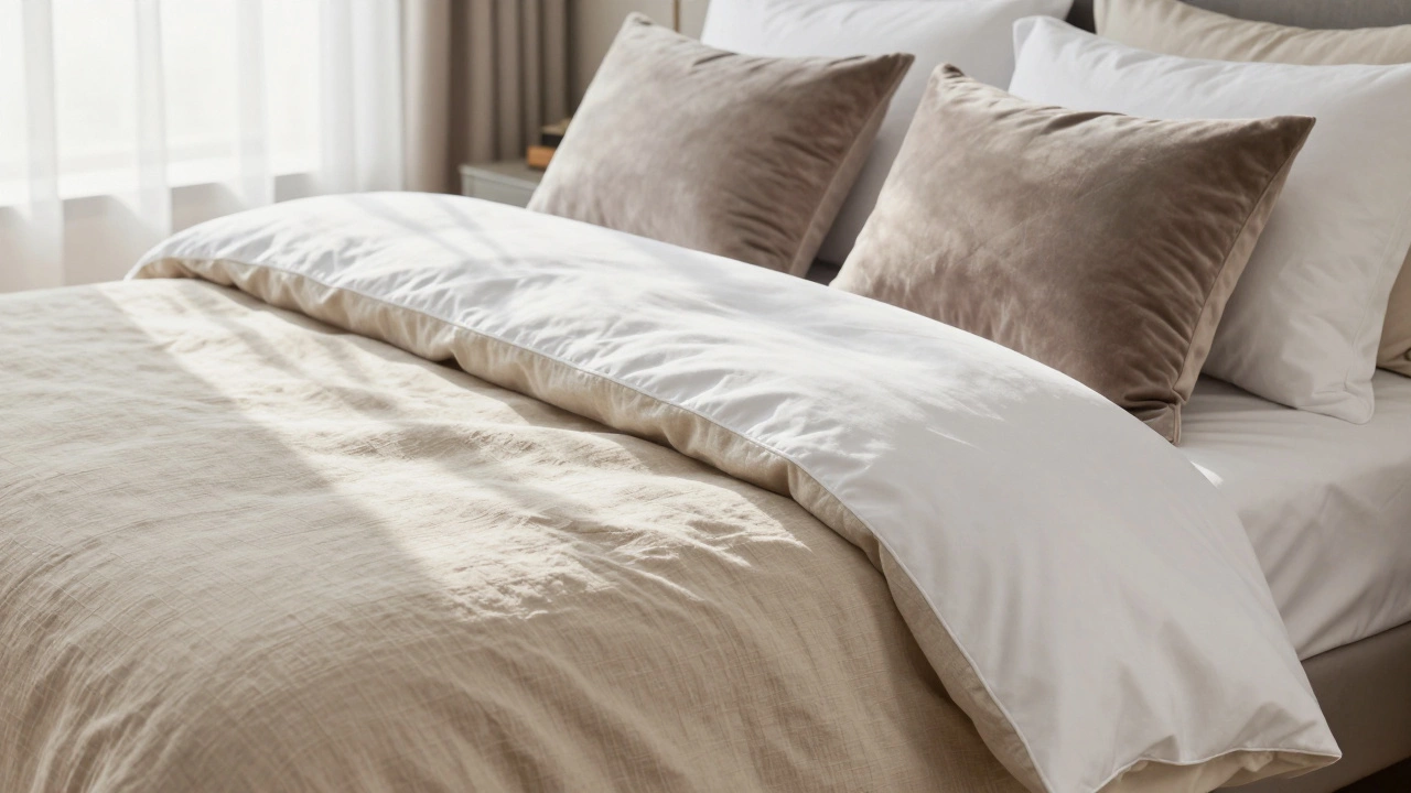 Luxurious bed with crisp percale sheets, linen duvet, and decorative shams