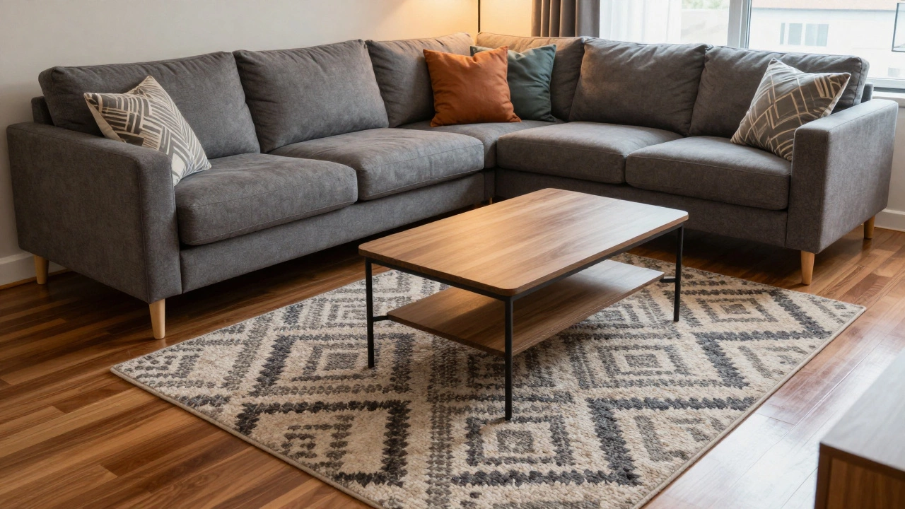 Modern sofa with front legs on a rug, back legs on hardwood floor