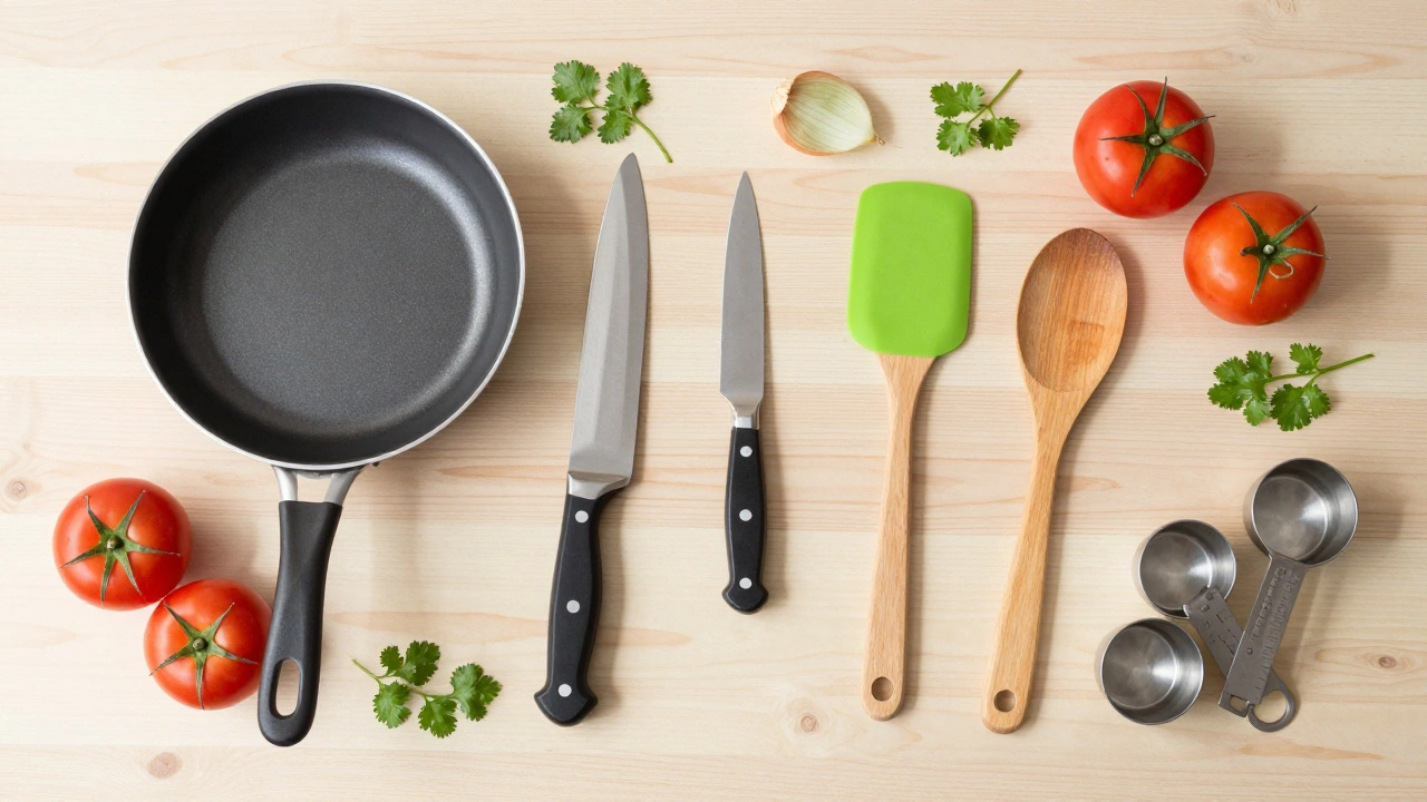 Overhead view of essential kitchen tools like knives and skillets on a wooden table