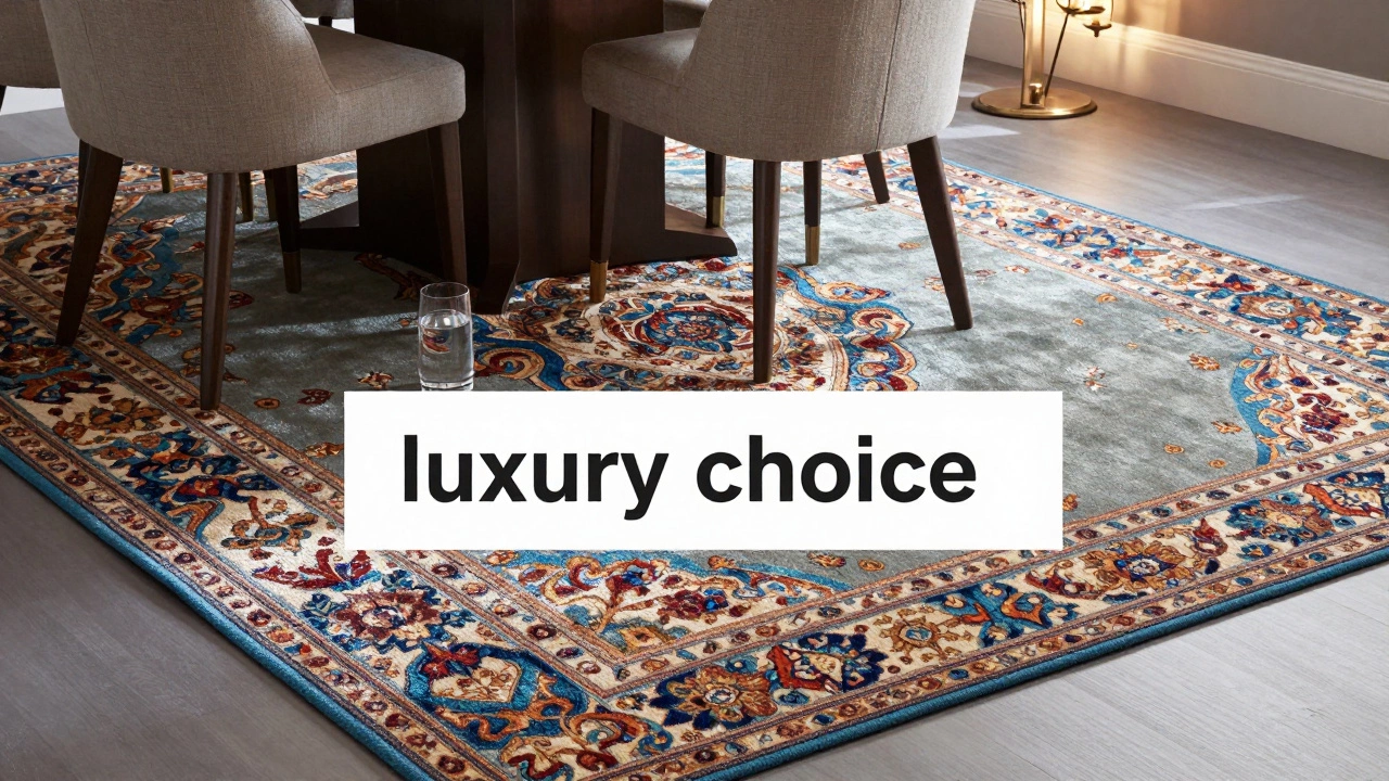 Shimmering silk and wool blend rug in elegant dining room