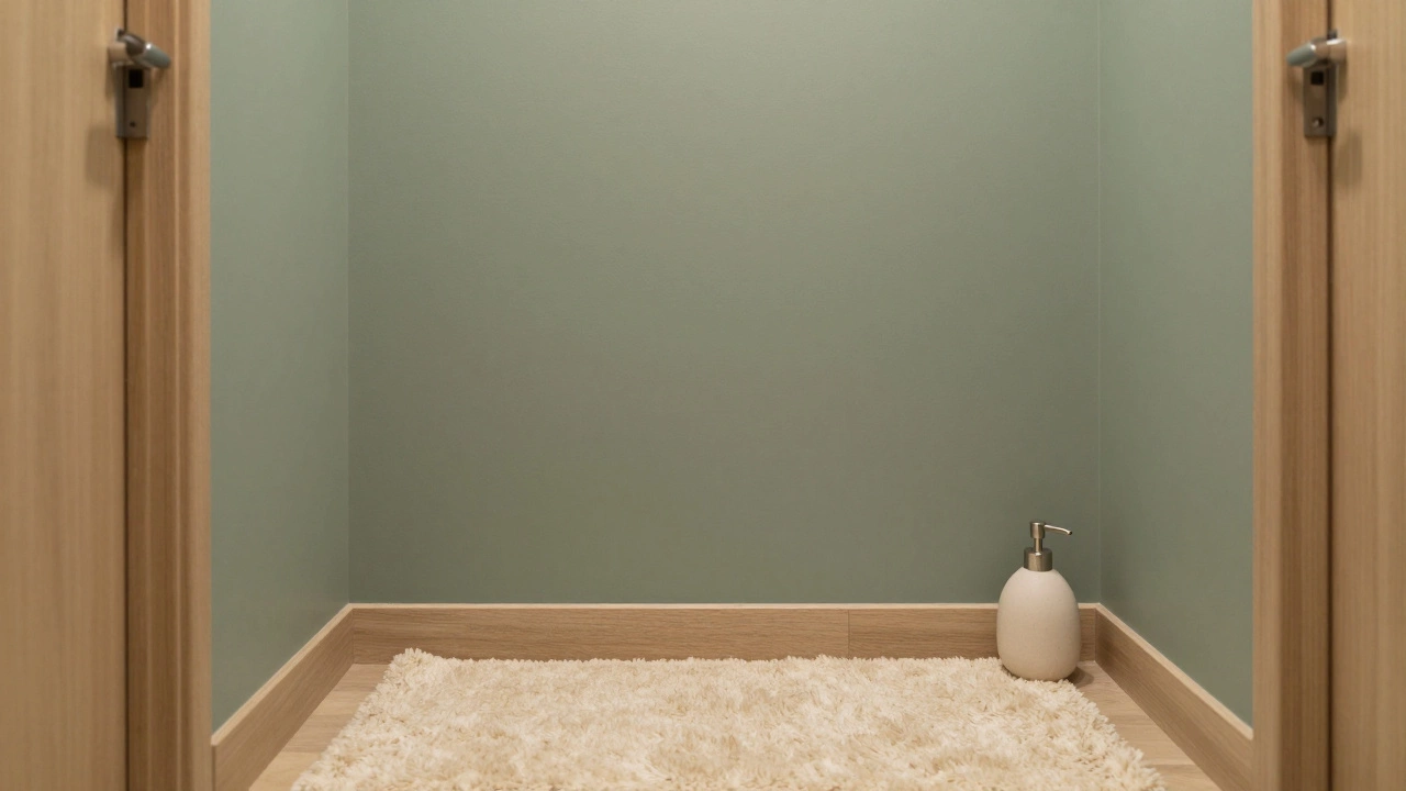 Small powder room with muted sage green accent wall