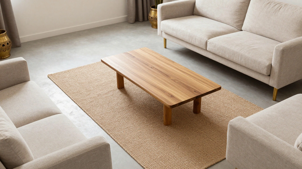 Small rug under coffee table only, sofa floating off the rug