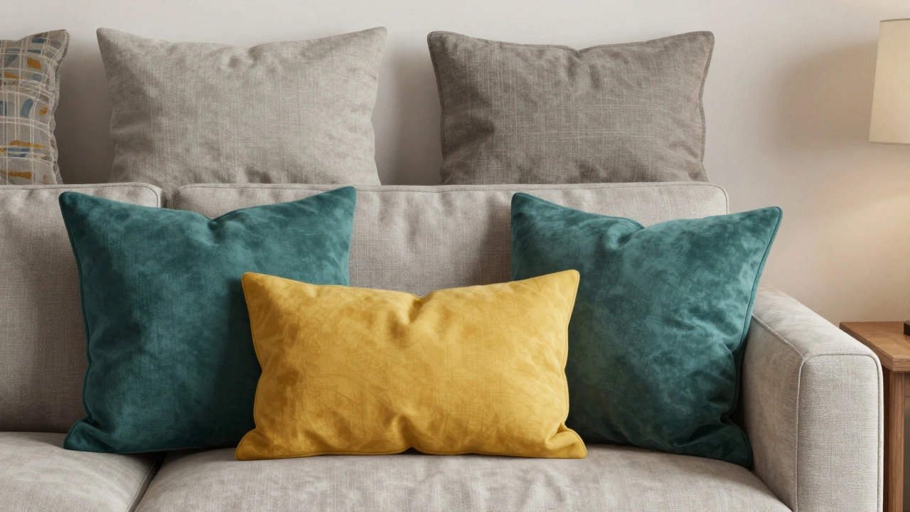 Sofa with colorful throw pillows, back cushions, and bolsters