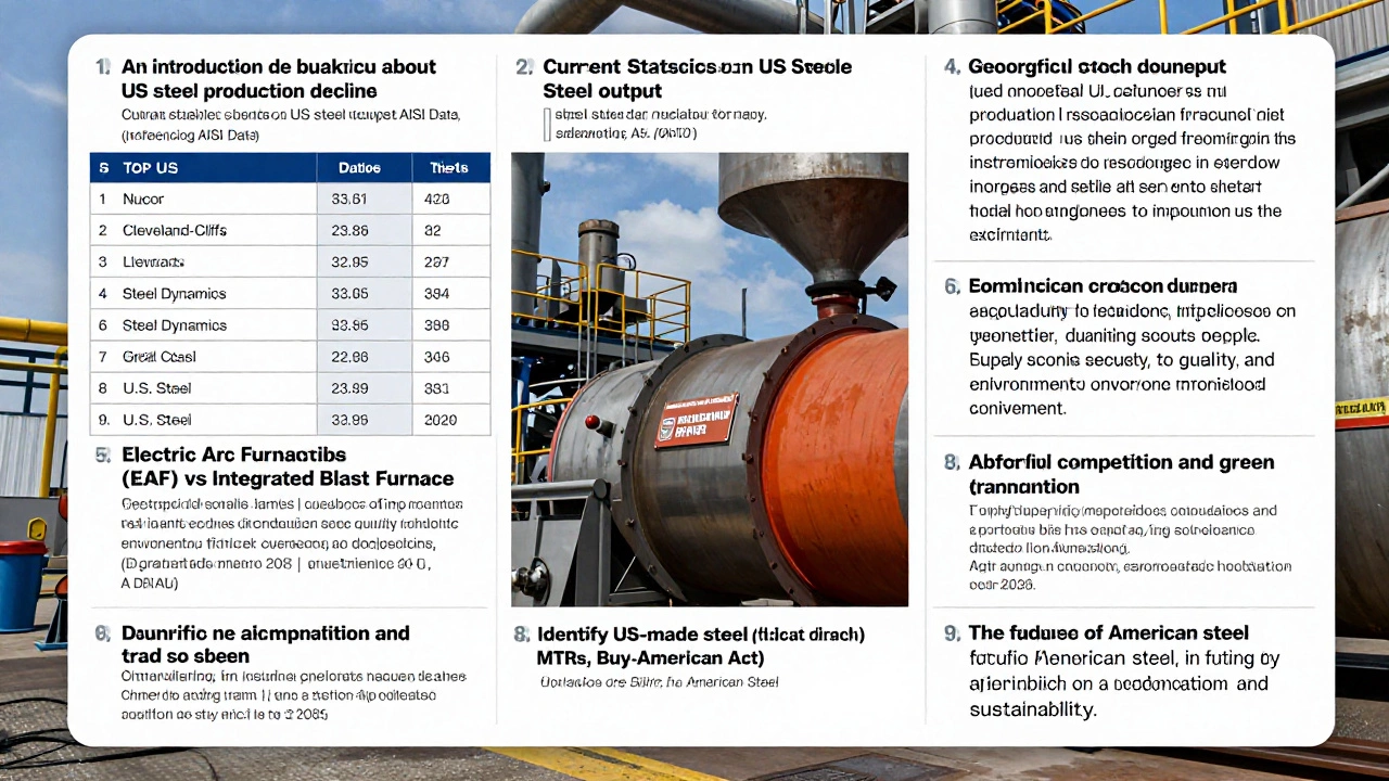 An in-depth analysis of the US steel industry, highlighting its status as a top global producer, the shift towards efficient mini-mills, the role of government policies like the Buy American Act, and future trends in green steel and automation.