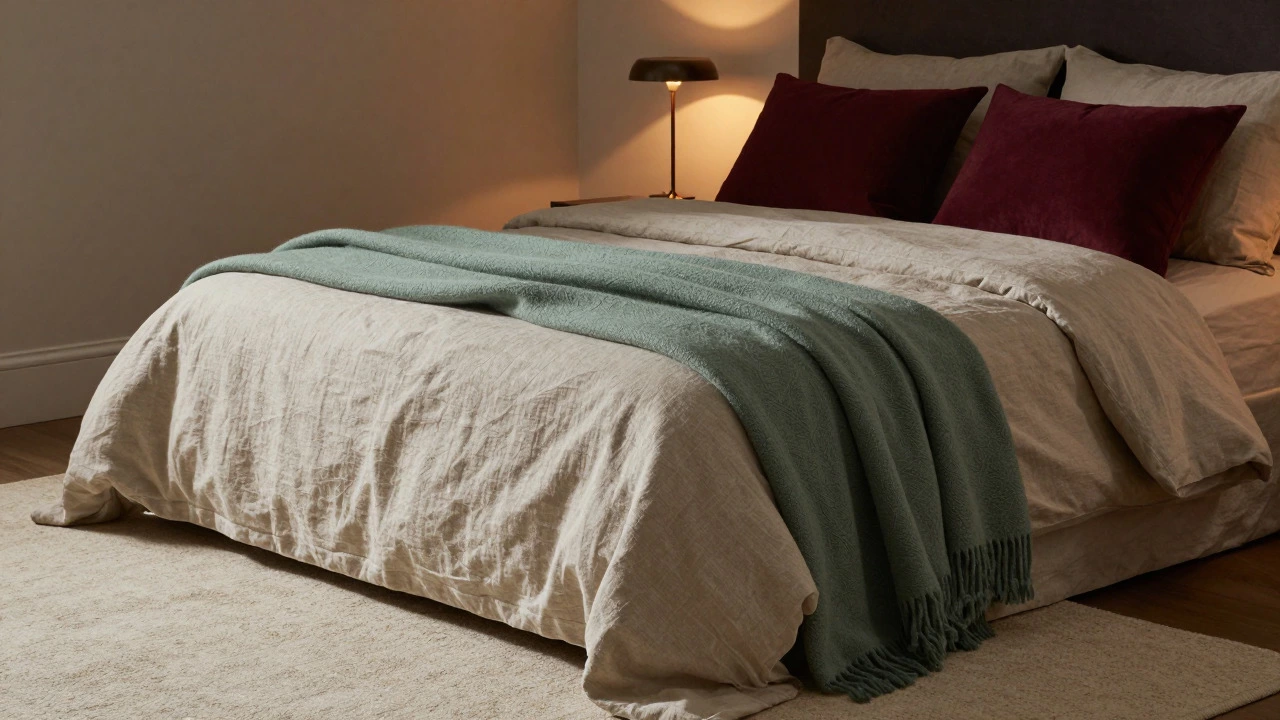 Bedroom with beige bedding, green throw, and burgundy pillows demonstrating color balance