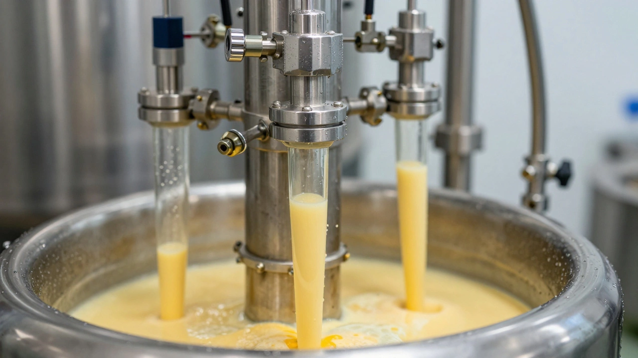 Close-up of golden liquid flowing through industrial pasteurization pipes