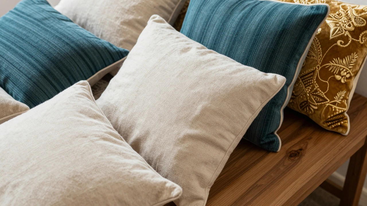 Close up of mixed texture cushions in ivory, teal, and gold on a wooden table