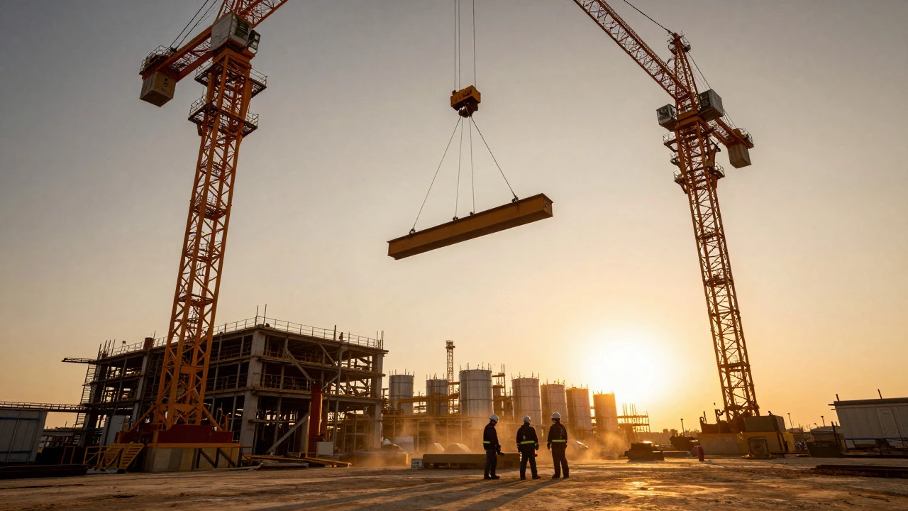 Construction of a new battery factory with cranes at sunset