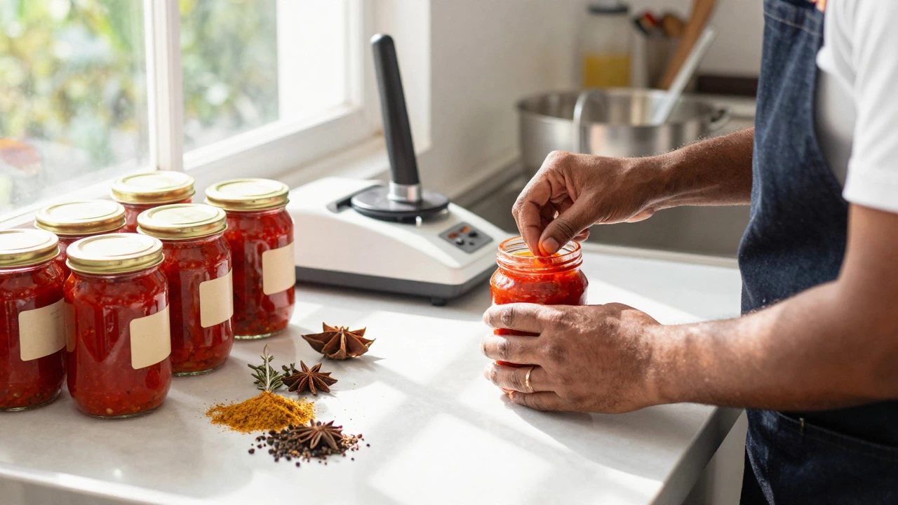 Entrepreneur sealing artisanal hot sauce jars in kitchen