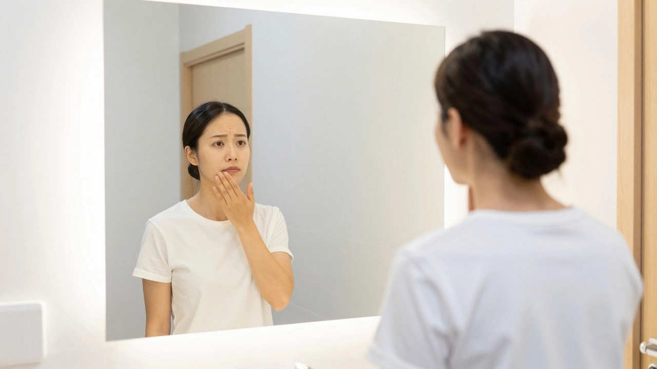 Person calmly looking in brightly lit mirror for grounding