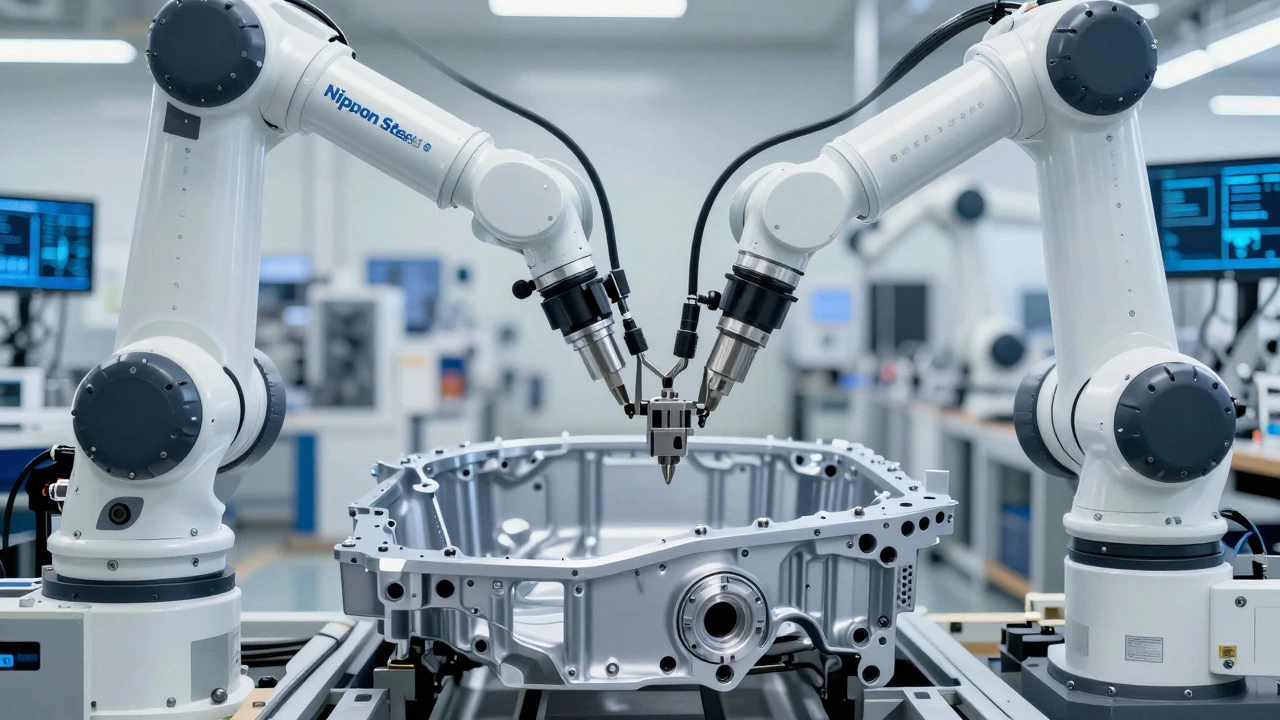 Robotic arms assembling precise automotive steel parts in a clean factory