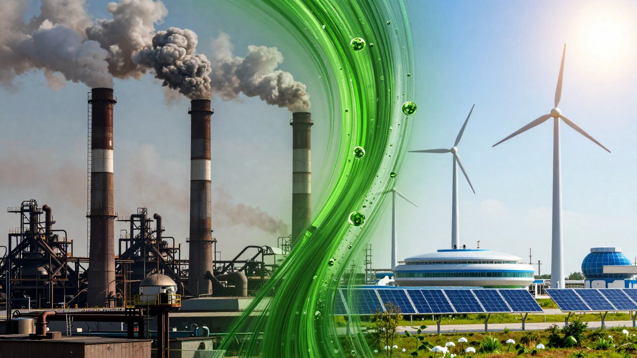 Split image contrasting dirty traditional steel mills with clean green energy tech