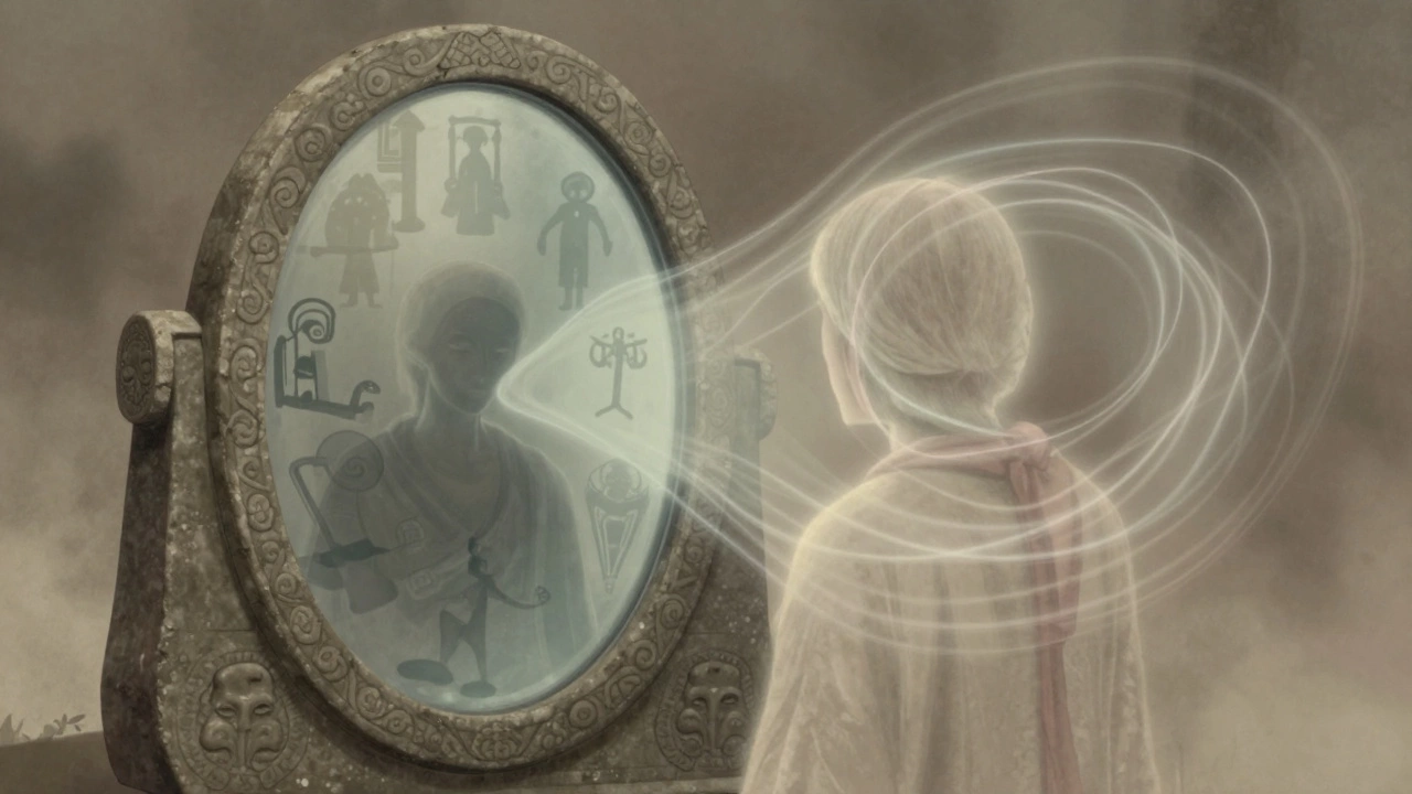 Surreal art showing cultural myths influencing mirror fear