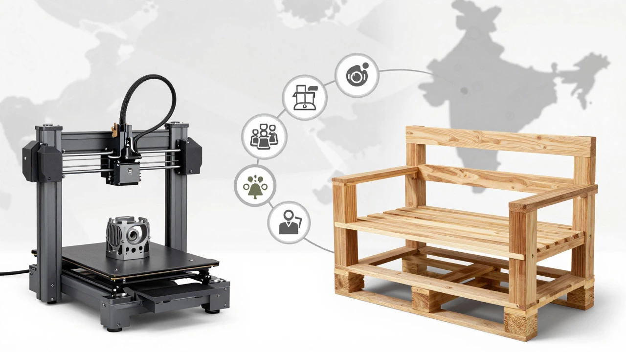 3D printer and upcycled wood furniture showing small scale manufacturing