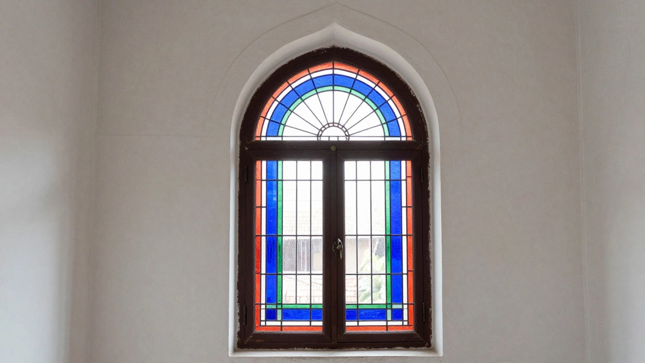 Bare arched stained glass window showcasing architectural detail