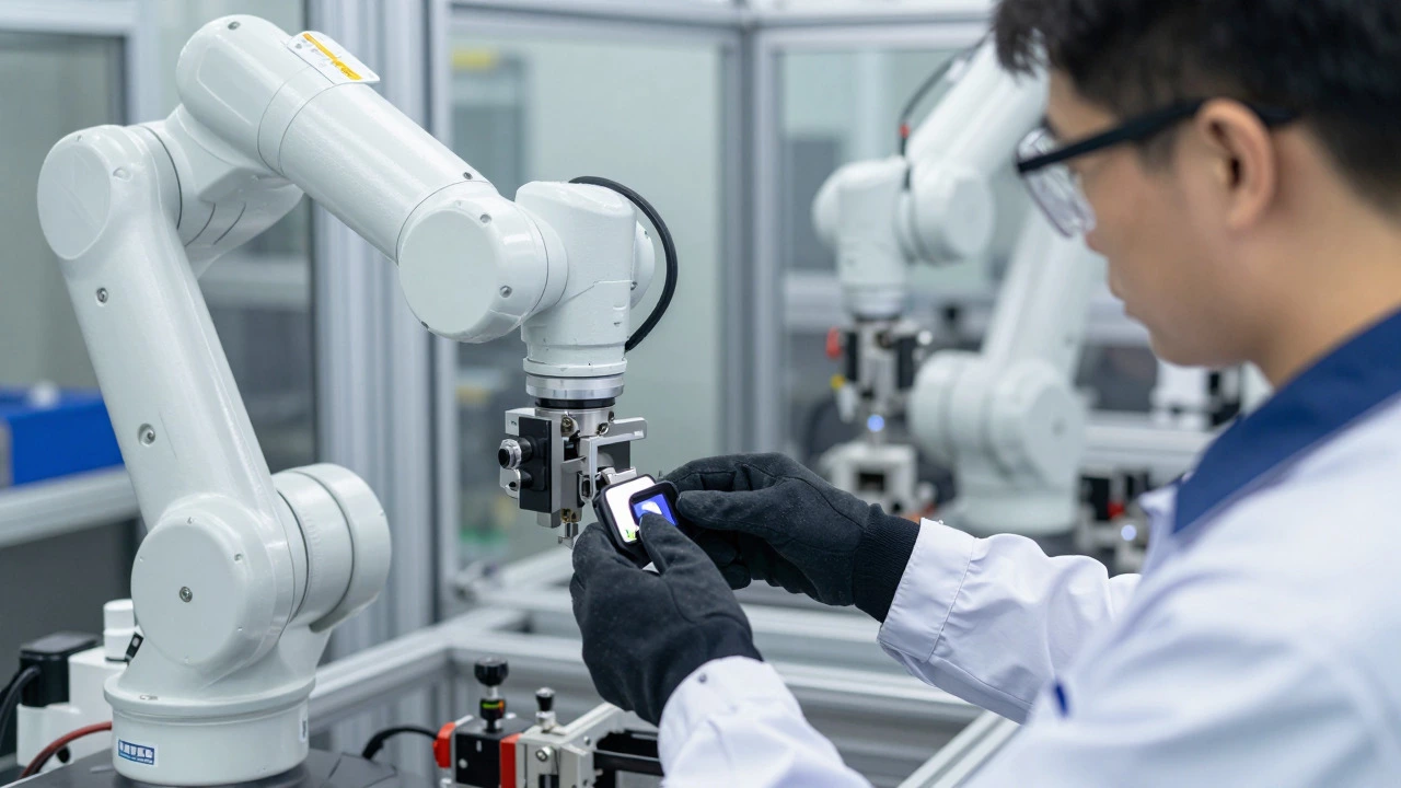 Close-up of a worker's hands operating advanced robotic machinery in a high-tech plant