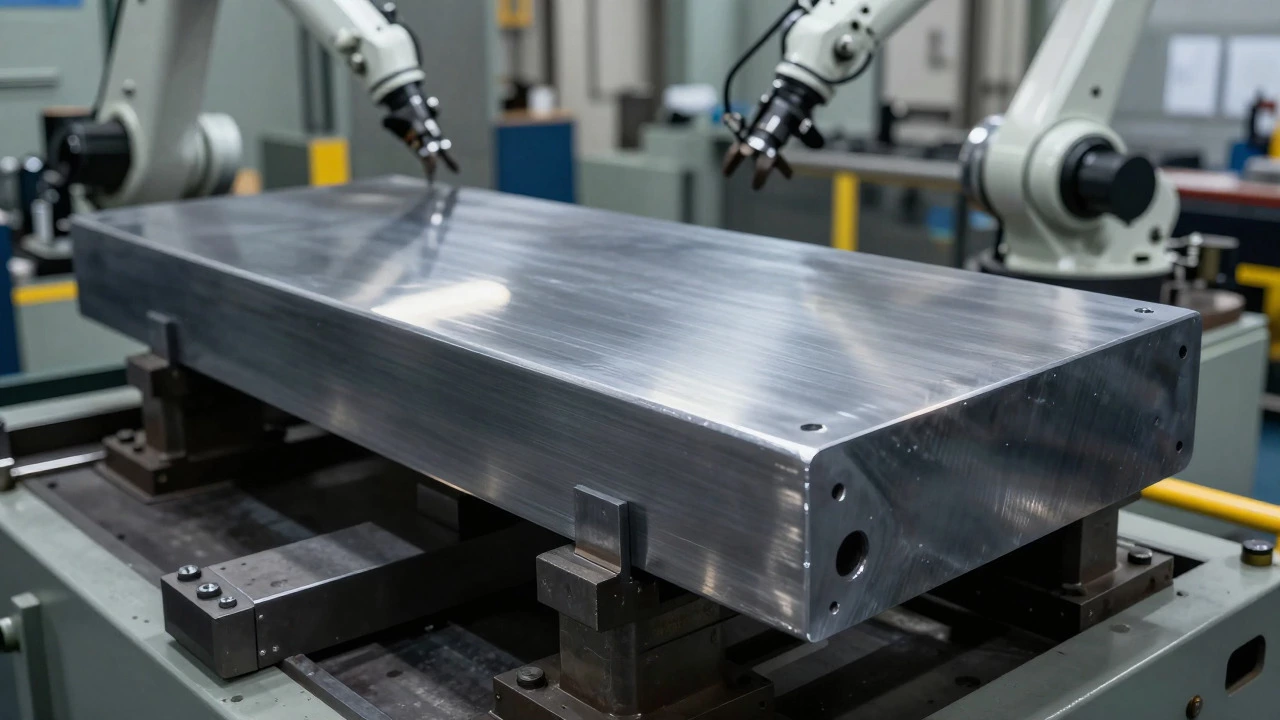 Close-up of high-strength military armor steel slab on a factory press