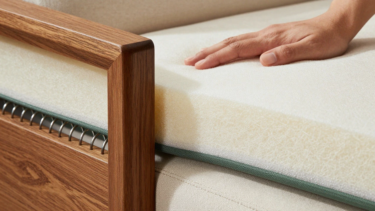 Close-up of premium sofa construction showing solid wood joints and dense foam.