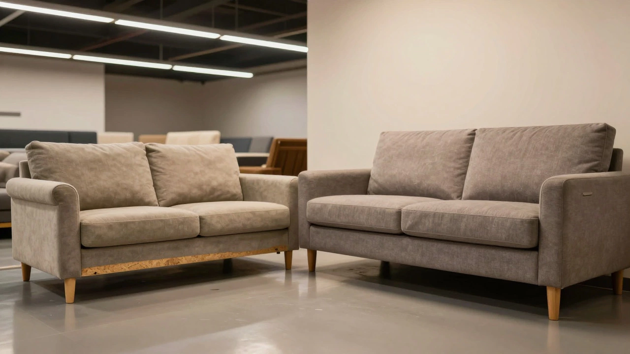 Comparison of a sagging budget sofa versus a sturdy high-quality sofa in a showroom.