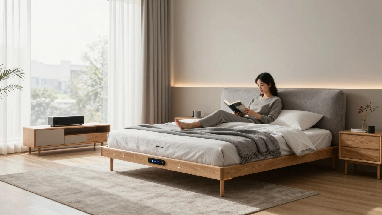 Cozy living room with a smart bed and media console in soft morning light