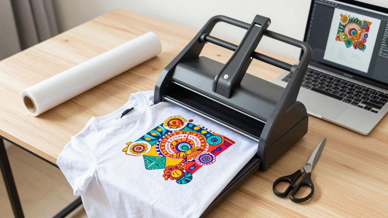 Heat press machine printing custom designs on t-shirts at a home desk