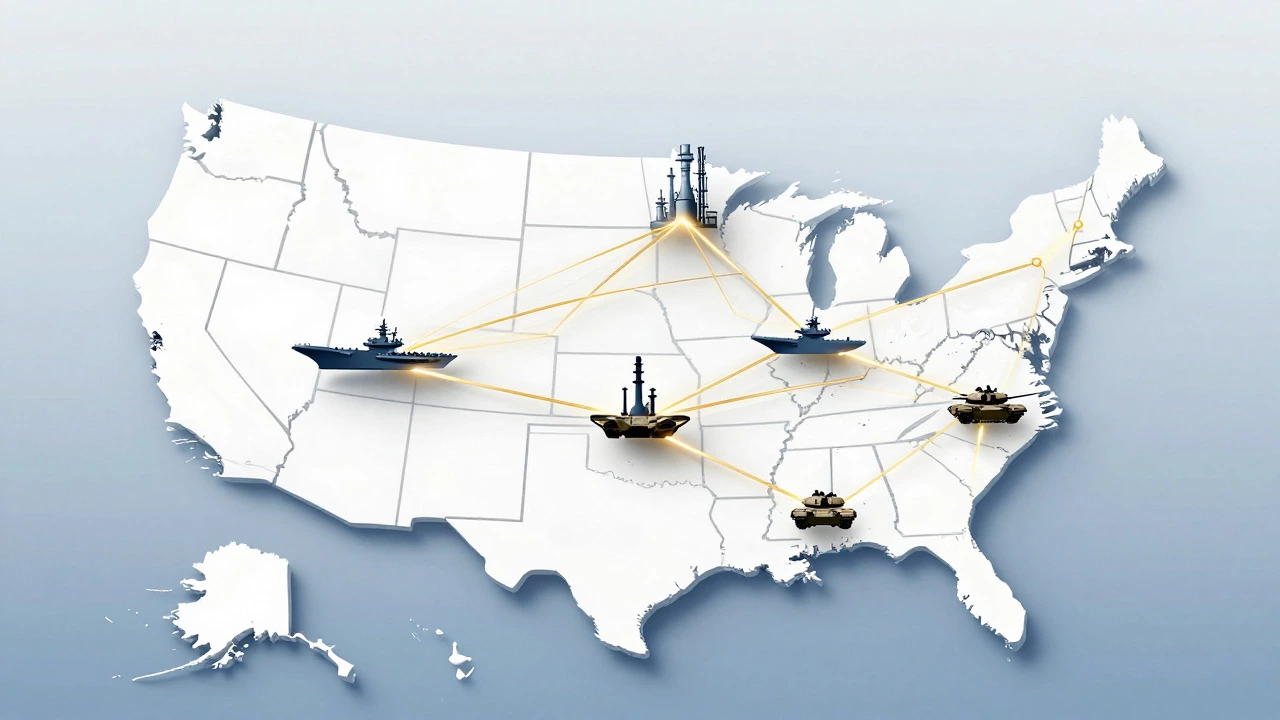 Map of US showing connections between steel mills and military assets