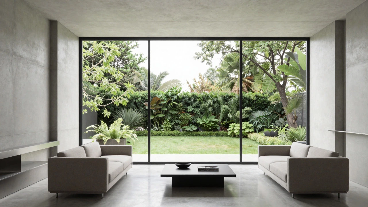Minimalist room with bare window overlooking a green garden