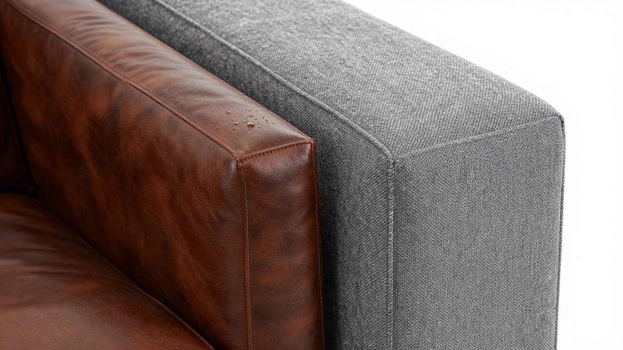Side-by-side comparison of full-grain leather and performance fabric textures