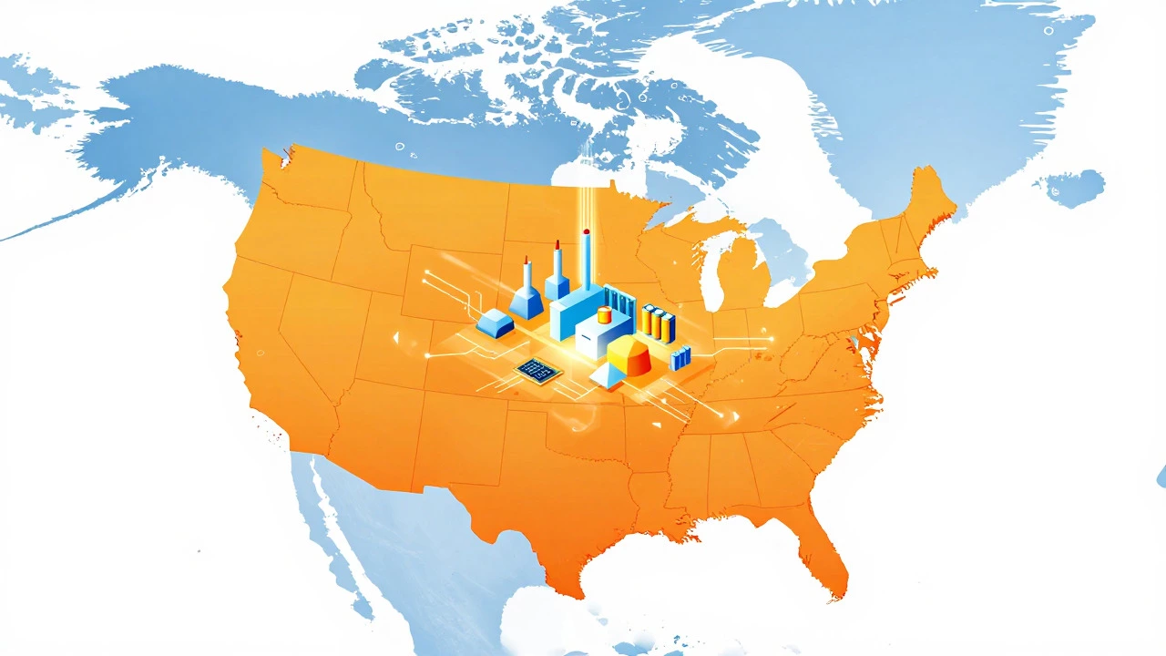 Stylized map of North America highlighting US manufacturing hubs with abstract tech icons