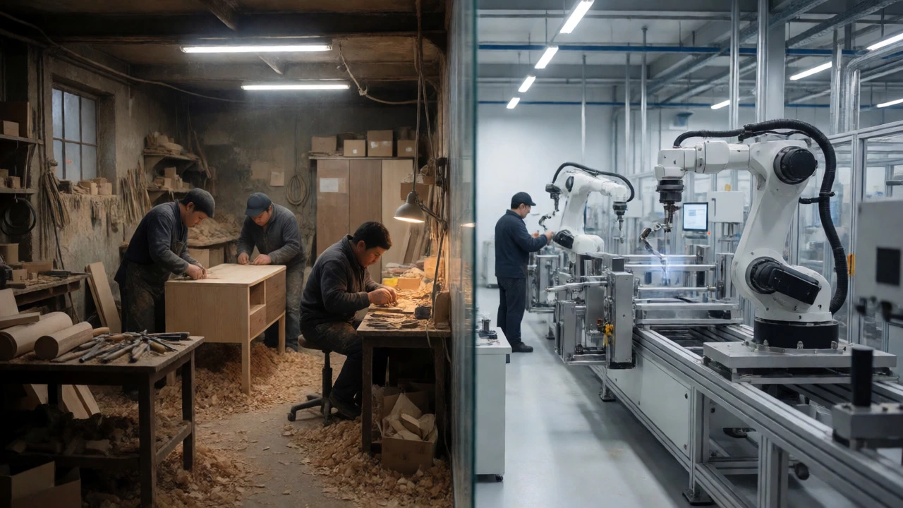 Contrast between a manual small workshop and an automated large factory.