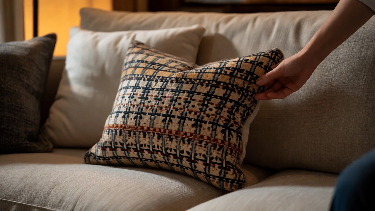 Hand arranging layered textured pillows on a beige sectional sofa