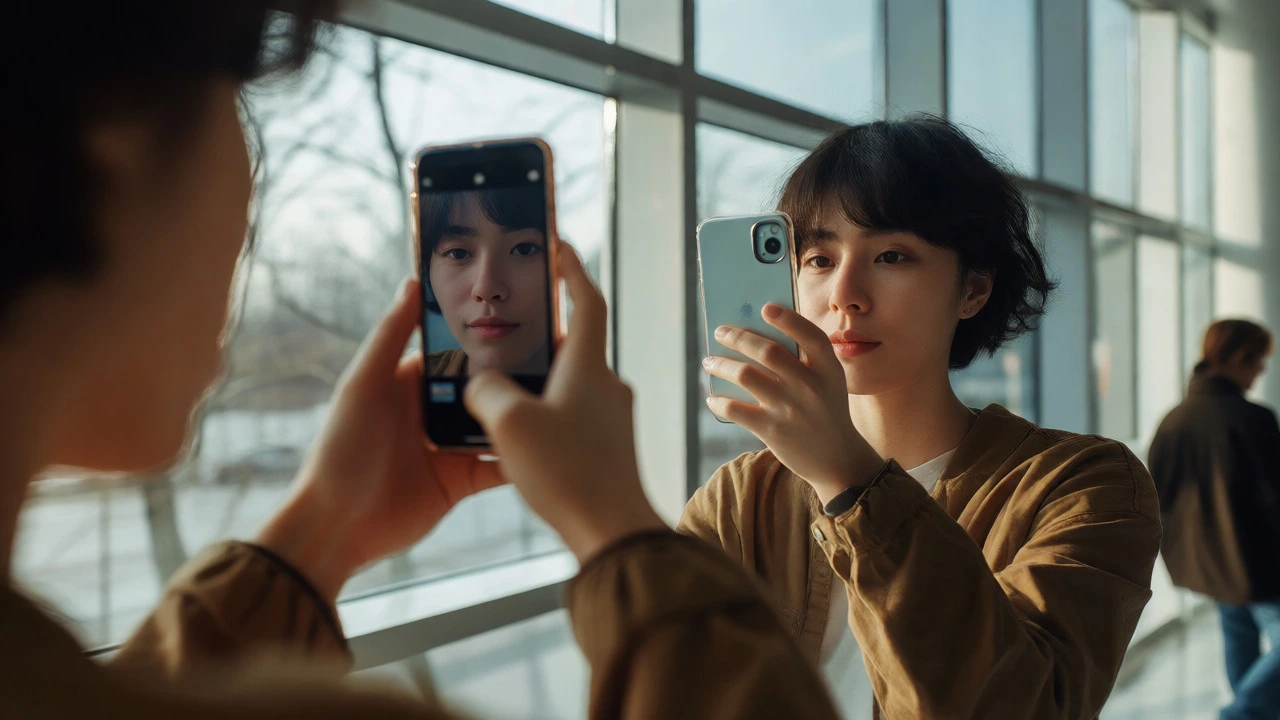 Individual taking a selfie while reflected in a window