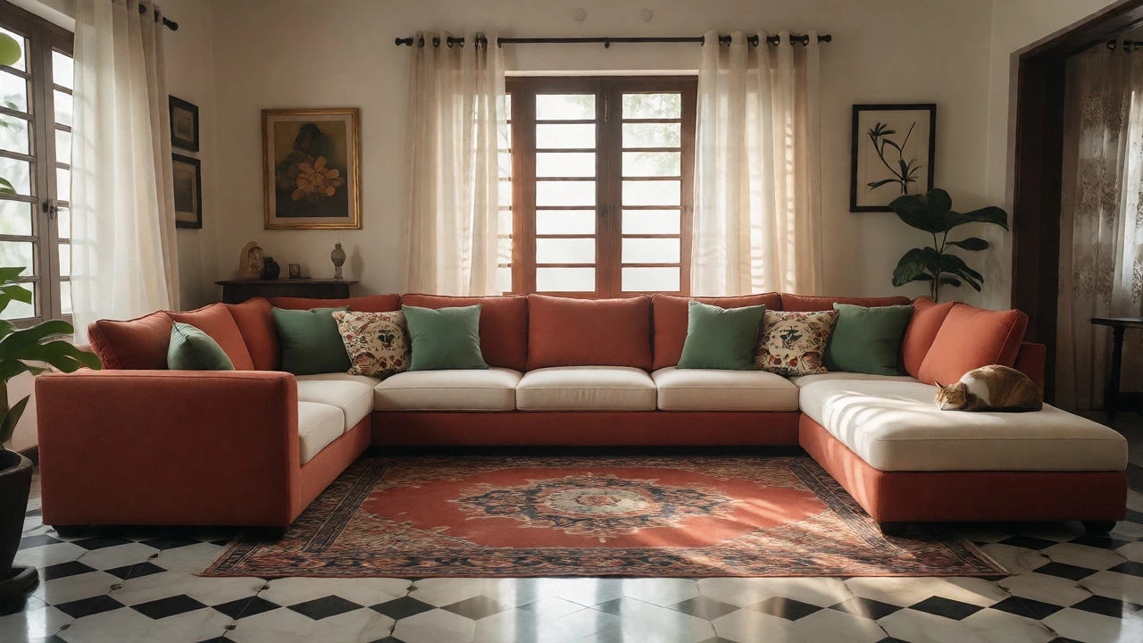 Large sectional sofa with functional cushion layout in sunlit living room