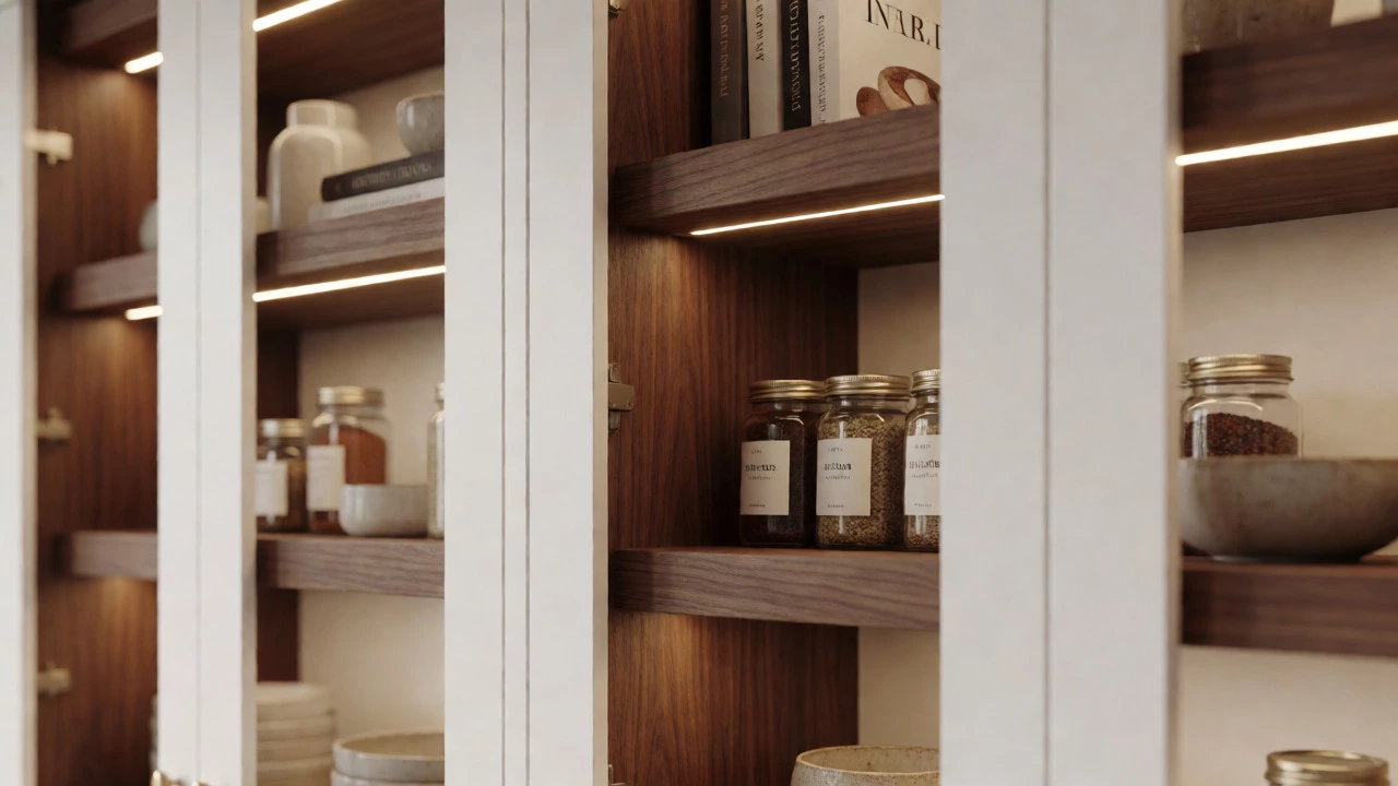 Luxury walnut pantry shelves with LED lighting displaying organized kitchenware