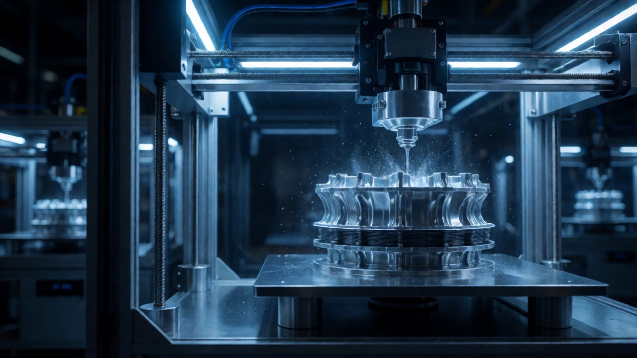 Metal 3D printer creating parts in a high-tech smart factory at night