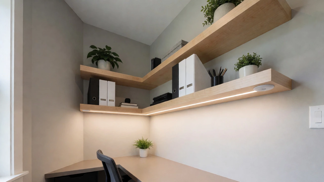 Modern home office nook with illuminated floating maple shelves and desk
