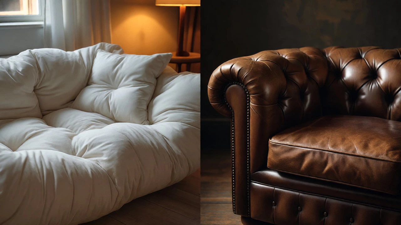 Side-by-side view of a plush cloud sofa and a classic leather Chesterfield.