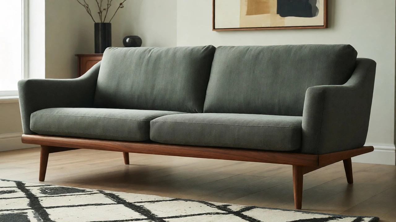 Sleek mid-century modern sofa with tapered wooden legs in a minimalist interior.