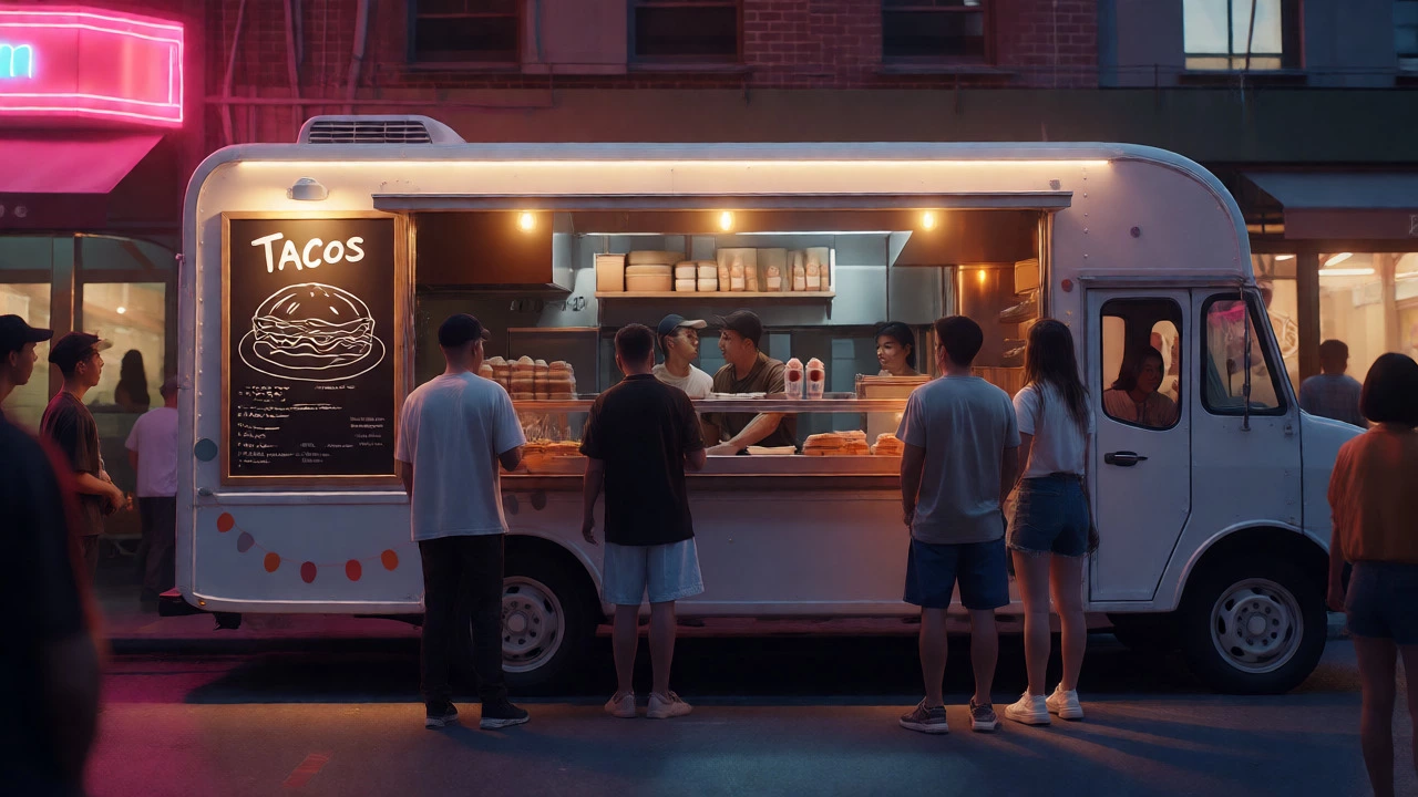Specialized food truck serving a single item efficiently in a busy urban setting at dusk