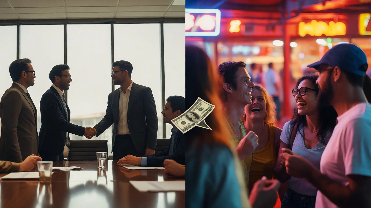 Split view of formal meeting and casual street scene