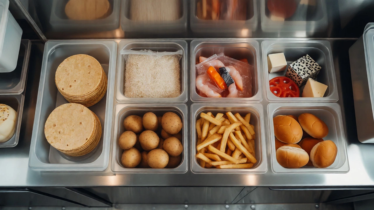 Top-down view of cheap carbohydrate ingredients like tortillas and rice in a food truck kitchen