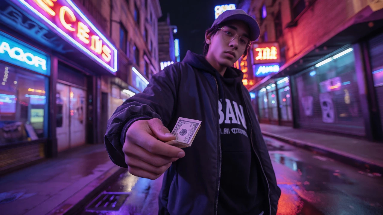 Young man holding cash in neon-lit urban street