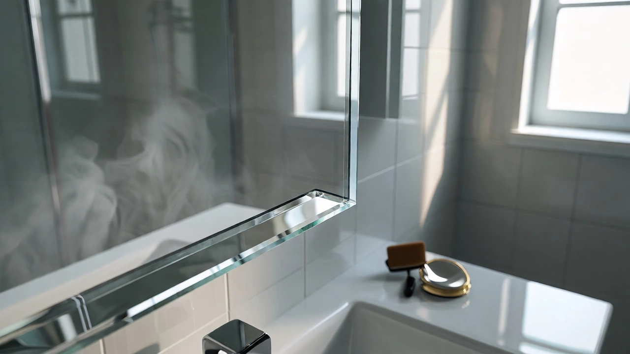 Close-up of a steam-resistant silver-backed bathroom mirror edge next to a dual-sided grooming tool.