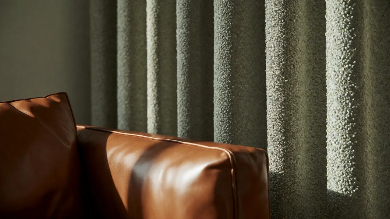 Close-up of smooth leather sofa texture against rough bouclé curtain fabric
